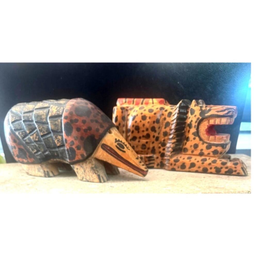 Vintage Guatemalan Folk Art Hand Carved Wood Armadillo & Tiger Figurine Pair